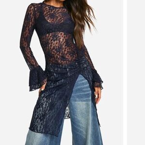 Boohoo Navy Lace Sheer Long Sleeve Midi Top